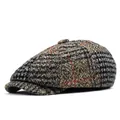 Detailed view of vintage plaid wool fabric texture on a classic newsboy ivy flat cap - M (56-58cm) / Khaki Plaid