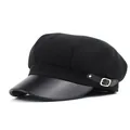 Black wool newsboy hat with faux leather brim and metal buckle detail on white background - M(56-58cm) / Black