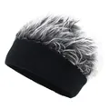 Detail shot of the black knit beanie with creative grey and white spiky hair fibers - Black Base Gray Hair