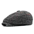 Close-up of grey and black plaid newsboy cap showing wool blend fabric texture - M (56-58cm) / Grey Grid