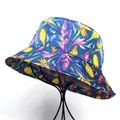 Deep blue silk-like bucket hat with vibrant tropical floral and butterfly print pattern - M (56-58cm) / Tropical Floral Butterfly Style / Blue