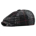 Classic plaid newsboy cap in black and orange wool blend for men and women - M (56-58cm) / Black Plaid
