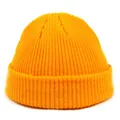 Close-up of bright orange acrylic knit beanie showing detailed vertical ribbing texture - M / Bright Yellow