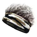 Close-up of camouflage knit beanie featuring messy silver synthetic hair on top - Camouflage Coffee
