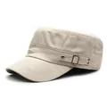 Detailed side view of khaki cotton cadet cap featuring metallic buckle and rivet accents - M (56-58cm) / Beige