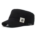 Detailed view of black canvas flat top army cap with star label on white background - M / Black