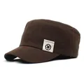 Close-up of a dark brown cotton cadet cap featuring a square star woven label on the side - M / Coffee