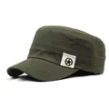Detail view of cotton military flat cap in olive green with a star patch decoration - M / Green