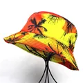 Fashionable gradient sunset sun hat with palm tree prints for women on a display stand - M (56-58cm) / Sunset Coconut Forest Style / Orange