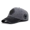 Close-up of washed cotton baseball cap with maple leaf patch and Canada side embroidery - M (56-58cm) / Black Brim Gray Top