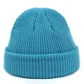 Detailed view of lake blue knit beanie featuring thick ribbed texture and wide cuffed brim - M / Lake Blue
