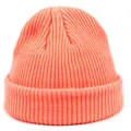Detail of coral pink ribbed knit beanie showing cuffed edge and thick texture - M / Coral Pink