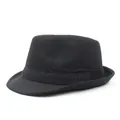 Detail view of the black wool fedora hat featuring matching ribbon trim and curved brim - M (56-58cm) / Black