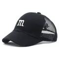 Side view of kids' black mesh baseball cap with white embroidered m letter and mesh back - Approx. 52cm / Black
