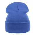 Macro detail of royal blue acrylic knit beanie showing fine ribbed texture and wide cuff - M (56-58cm) / Denim Blue