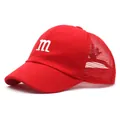 Detail view of red trucker hat featuring white m embroidery and breathable mesh panels - Approx. 52cm / Red