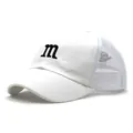 Detailed view of white mesh baseball cap featuring black letter m embroidery and stitching - Approx. 52cm / White