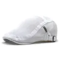 Men's breathable white mesh flat cap with SPORTS embroidery and adjustable metal buckle - M / White