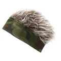 Camouflage mesh wig cap with brown curly hair for sports and parties from 45-degree angle - Adjustable / Camouflage Base Brown Hair