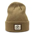 Khaki ribbed knit beanie with outdoor themed logo patch and warm cuffed brim style - M (56-58cm) / Khaki