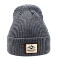 Detailed view of dark grey ribbed knit beanie with mountain wildlife woven patch - M (56-58cm) / Dark Gray