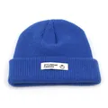 Königsblaue Rippstrickmütze mit weißem gewebtem Aufnäher und modischem Schriftzug - Blau