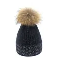 Close-up of black knit beanie with silver tinsel details and a fluffy brown pompom - M (56-58cm) / Black