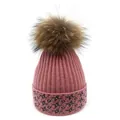 Detailed knit texture of pink winter beanie with silver glitter and raccoon fur pom - M (56-58cm) / Pink