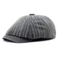 Detail view of a vintage striped dark gray newsboy cap with classic paneled design - Adjustable / Gray