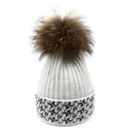 Detailed view of white ribbed knit beanie with brown fur pom-pom and star pattern - M (56-58cm) / White