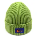Grass green ribbed knit beanie with a folded cuff and navy blue cartoon RIDER patch - M (56-58cm) / Green