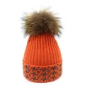 Orange knitted beanie with fluffy raccoon fur pompom and sparkling silver star pattern - M (56-58cm) / Orange