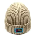 Close-up of ribbed knit beanie texture with blue logo patch and purple gesture icon - M (56-58cm) / Khaki