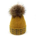 Winter beanie with raccoon fur pompom and silver metallic thread in yellow knit - M (56-58cm) / Yellow