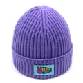 Detailed knit texture and RIDER CAR RACE patch on purple cuffed docker beanie hat - M (56-58cm) / Purple
