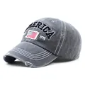 Vintage washed grey cotton baseball cap with AMERICA embroidery and distressed brim detail - Adjustable / Gray