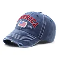 Detail of distressed brim and 1776 embroidery on vintage washed cotton baseball cap - Adjustable / Navy Blue
