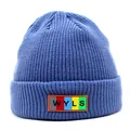 Detailed close-up of blue ribbed knit beanie featuring colorful WYLS letter patch - M / Blue
