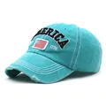 Vintage gewaschene Baumwoll-Baseballkappe in Blaugrün mit USA-Flagge und Distressed-Schirm - Verstellbar / Cyan