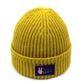 Detailed close-up of yellow ribbed knit beanie featuring the Rider Car Race fabric patch - M (56-58cm) / Yellow