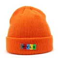 Close-up detail of the vibrant orange knit beanie showing texture and WYLS colorful label - M / Orange
