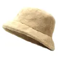 Plush faux fur bucket hat for women in warm beige, stylish windproof winter fisherman cap - M (56-58cm) / Khaki