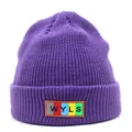 Close-up of purple knit beanie texture with colorful WYLS alphabet letter patch detail - M / Purple