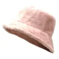 Close-up of pink faux fur bucket hat showing thick fluffy texture and warm plush material - M (56-58cm) / Pink
