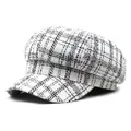 Classic black and white plaid tweed newsboy hat for women with a vintage British style - M(56-58cm) / White