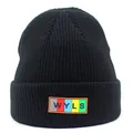 Detail of the black ribbed knit beanie with colorful WYLS rectangle logo label - M / Black