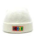 Detailed view of white ribbed knit beanie featuring a colorful WYLS letter rubber patch - M / White