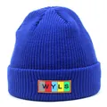 Dark blue knit beanie with a colorful WYLS letter patch on a clean white background - M / Sapphire Blue
