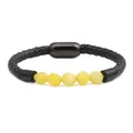 Detail of men's braided black leather bracelet with five faceted yellow beads and magnetic clasp - Orange