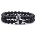 Set de pulseras para hombre con cuentas negro mate, corona de plata y bola micro-CZ - Set de dos piezas / Piedra Negra Mate Corona Plateada